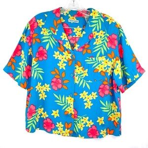 Marsh Landing Vintage Hawaiian Floral Print Bright Button Up Shirt Size M